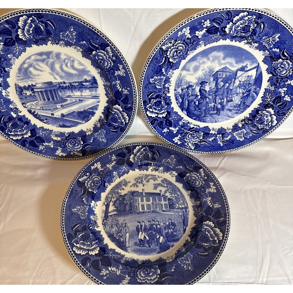 Wedgwood Vincennes Indiana Blue Transferware Plates Set of 3 George Rogers Clark